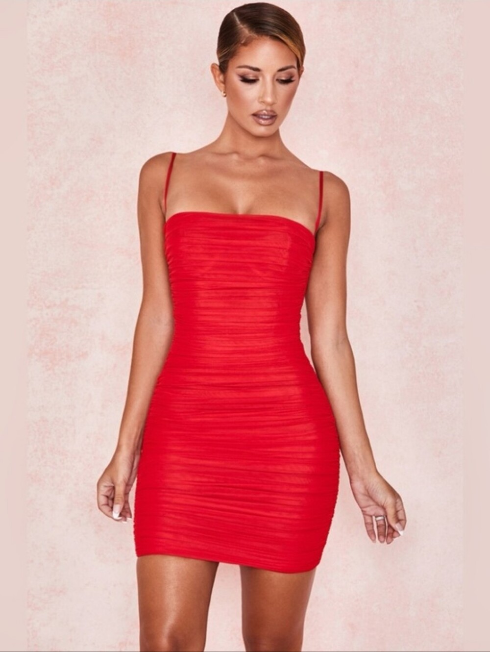 HOUSE OF CB Ella red mesh ruched mini dress